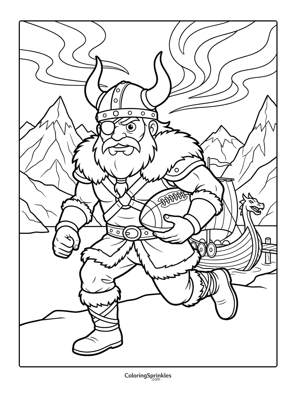 Coloring page of a Viking running while holding a football with a Viking ship and mountains in the background
