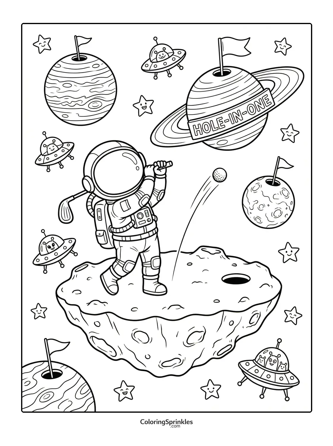 Coloring page of an astronaut playing golf on an asteroid with aliens and planets