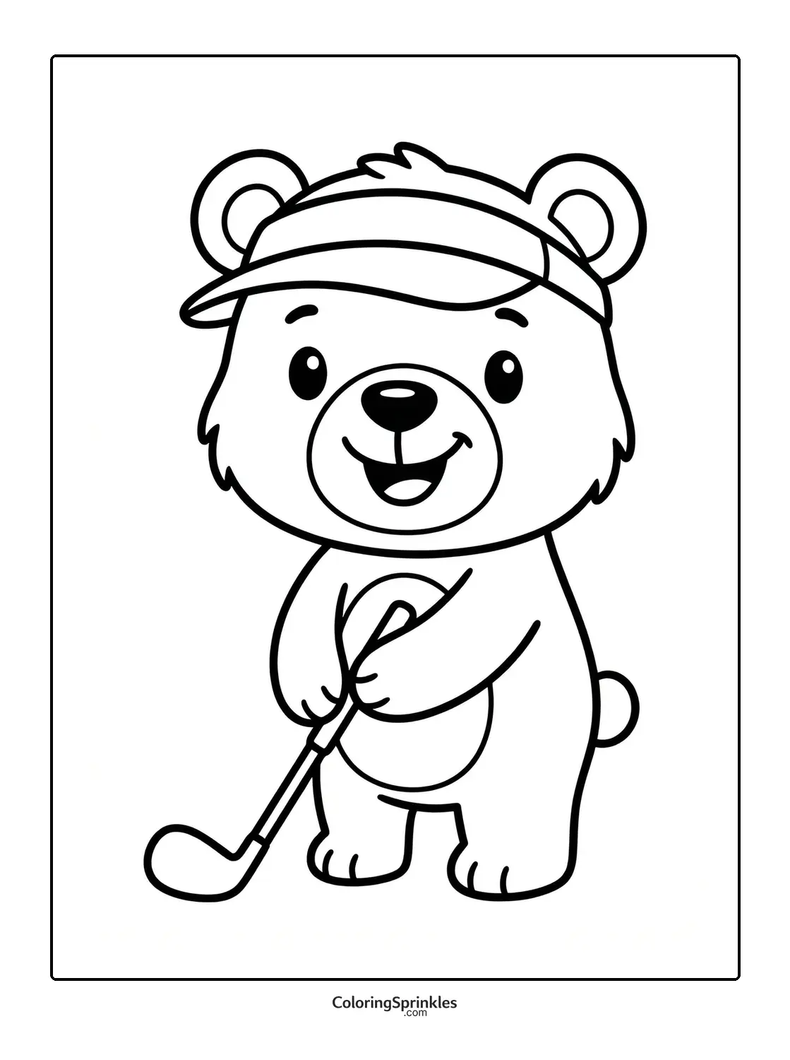 Coloring page of a bear playing golf wearing a visor