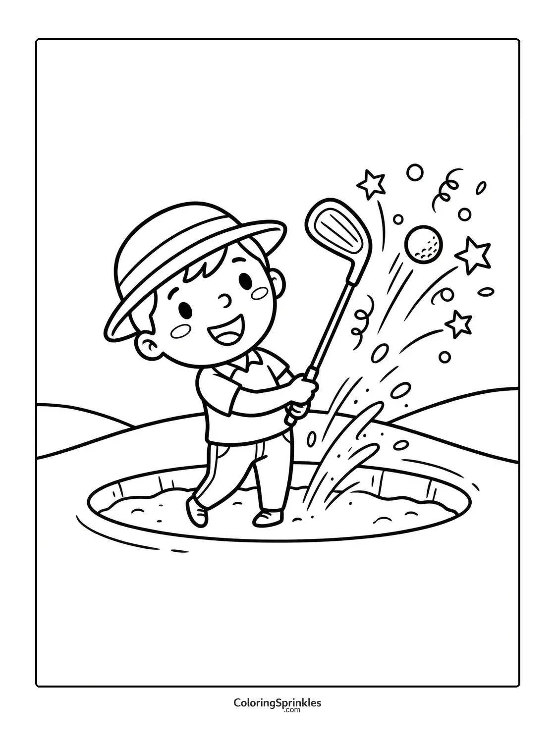 Coloring page of a boy hitting a golf ball out of a bunker