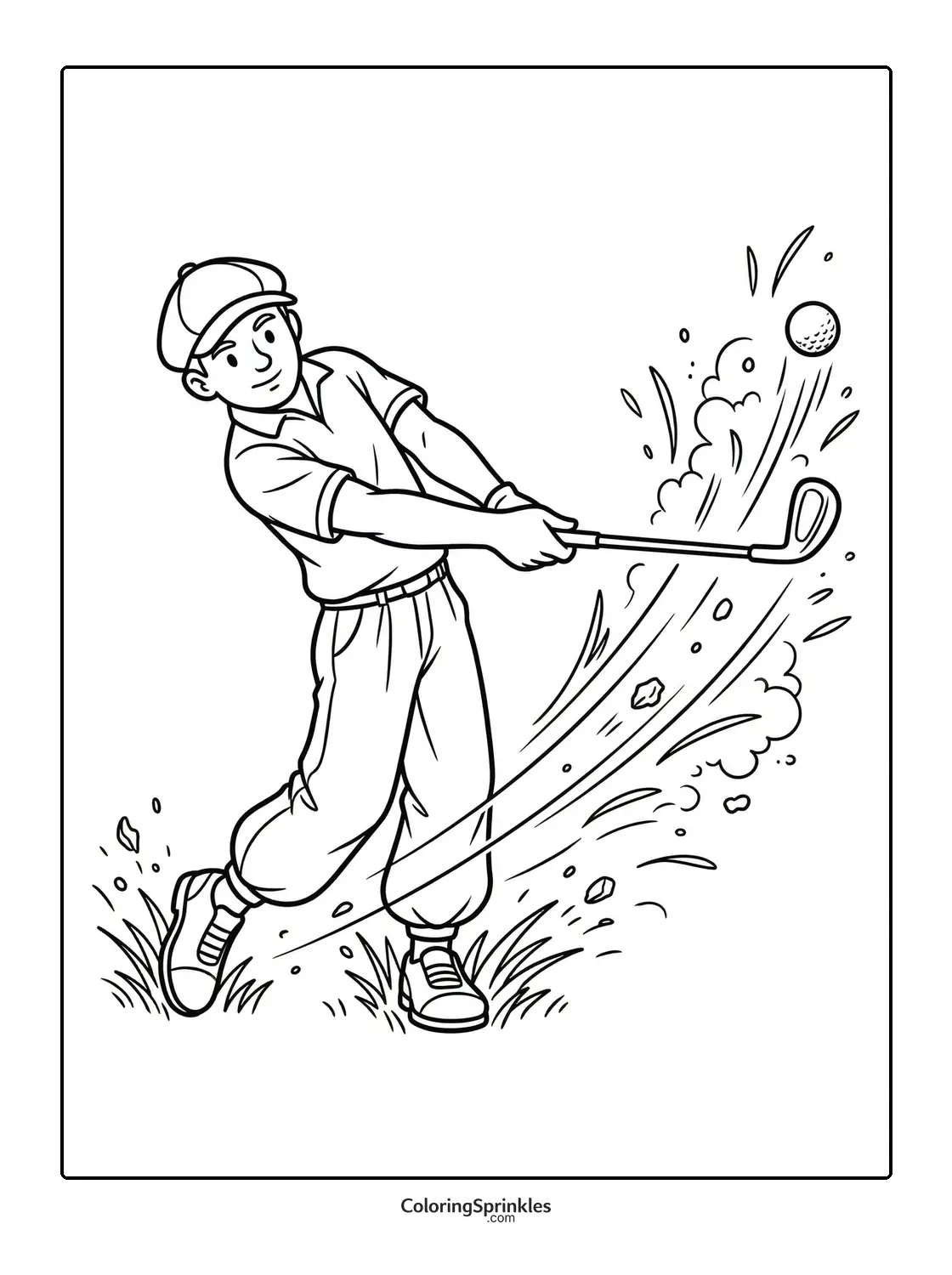 Coloring page of a boy swinging a golf club hitting a ball from dirt