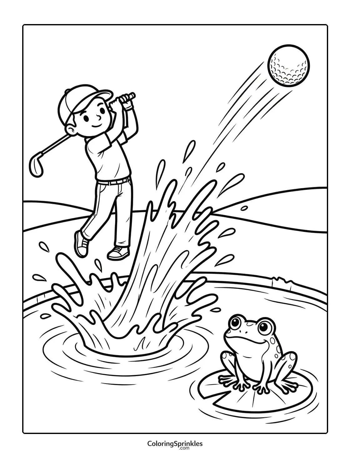 Coloring page of a boy hitting a golf ball out of water near a frog on a lily pad