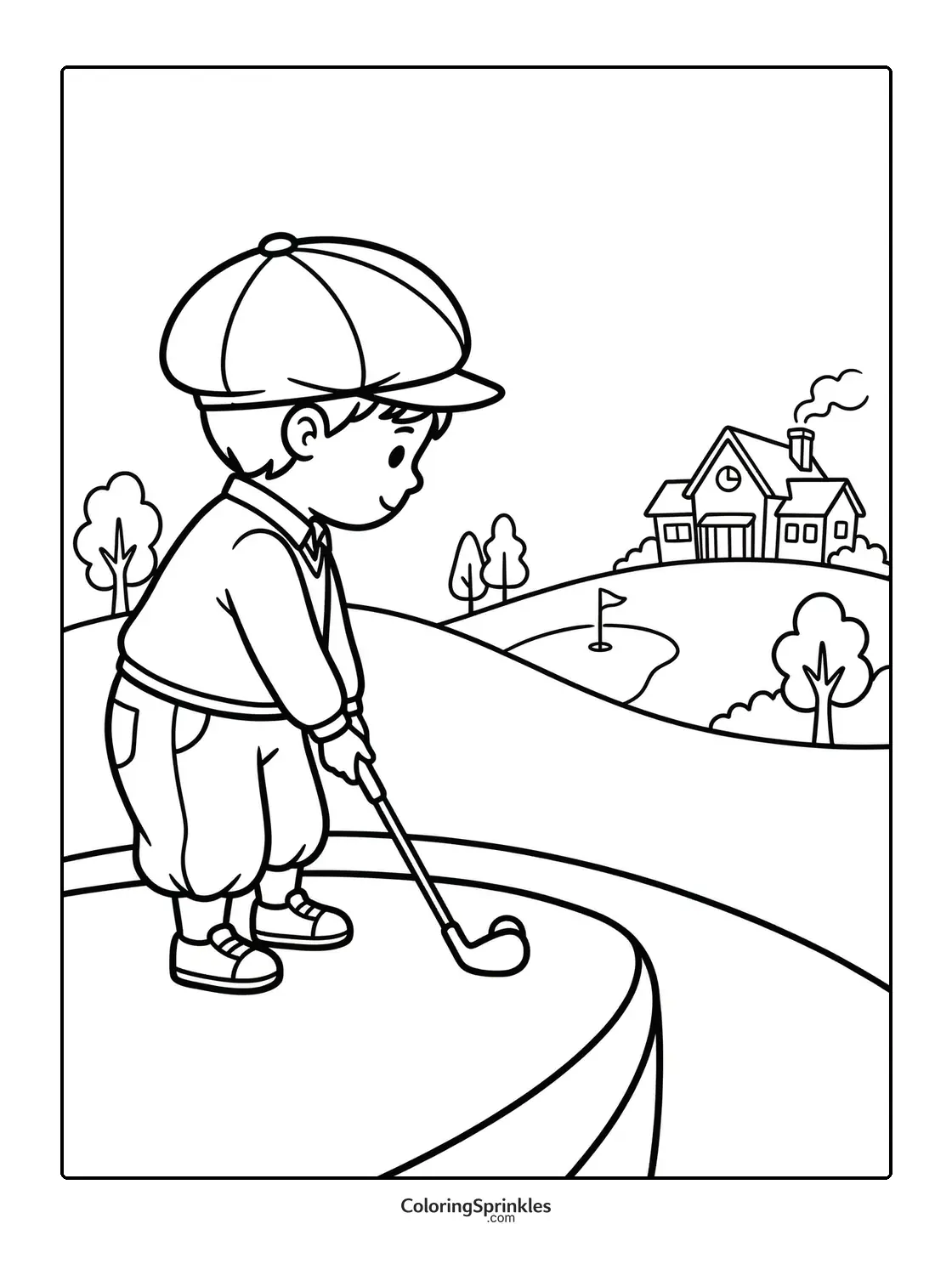 Coloring page of a boy playing golf on a hill with a house in the background