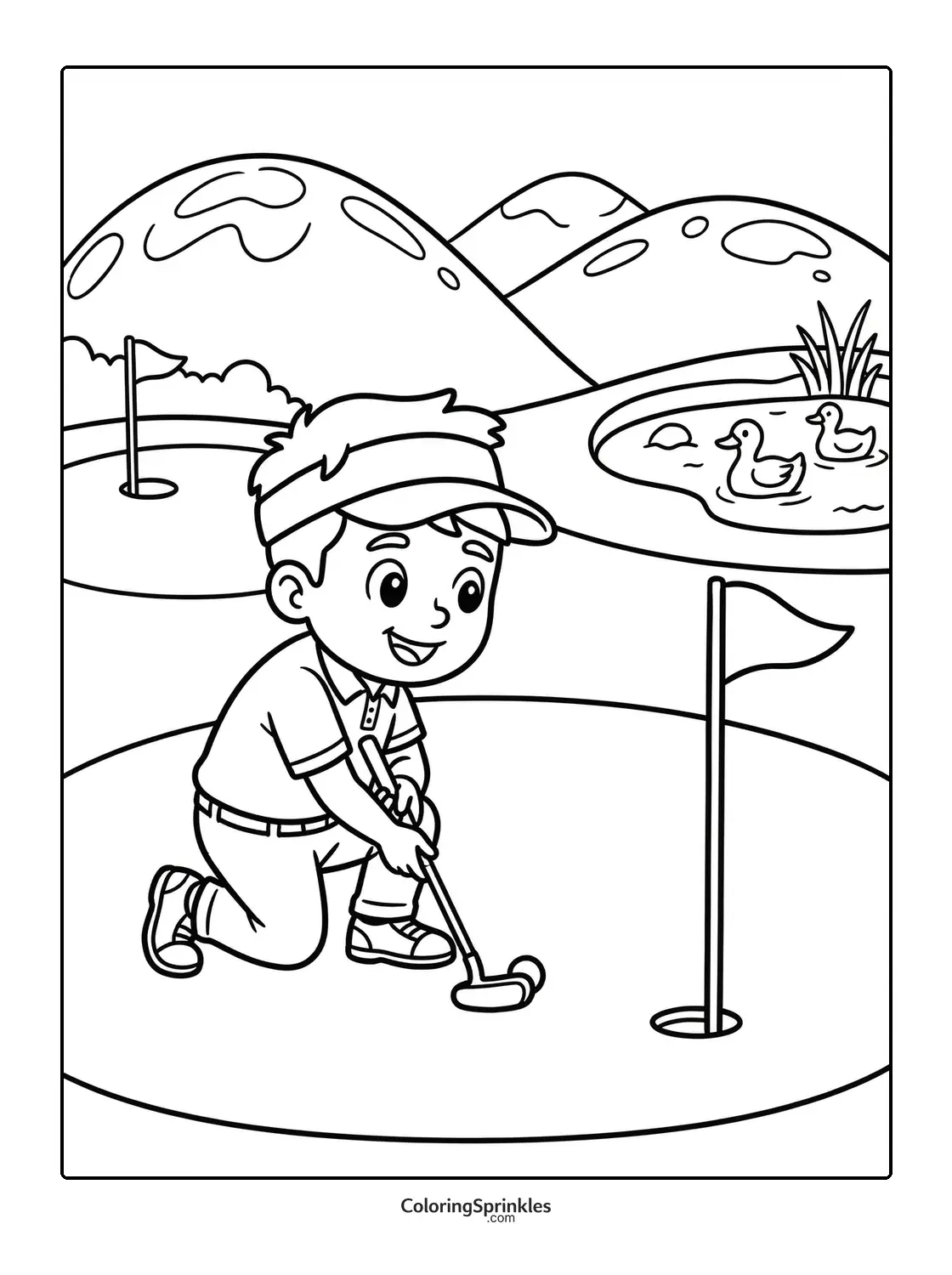 Coloring page of a boy playing golf near a pond with ducks and hills