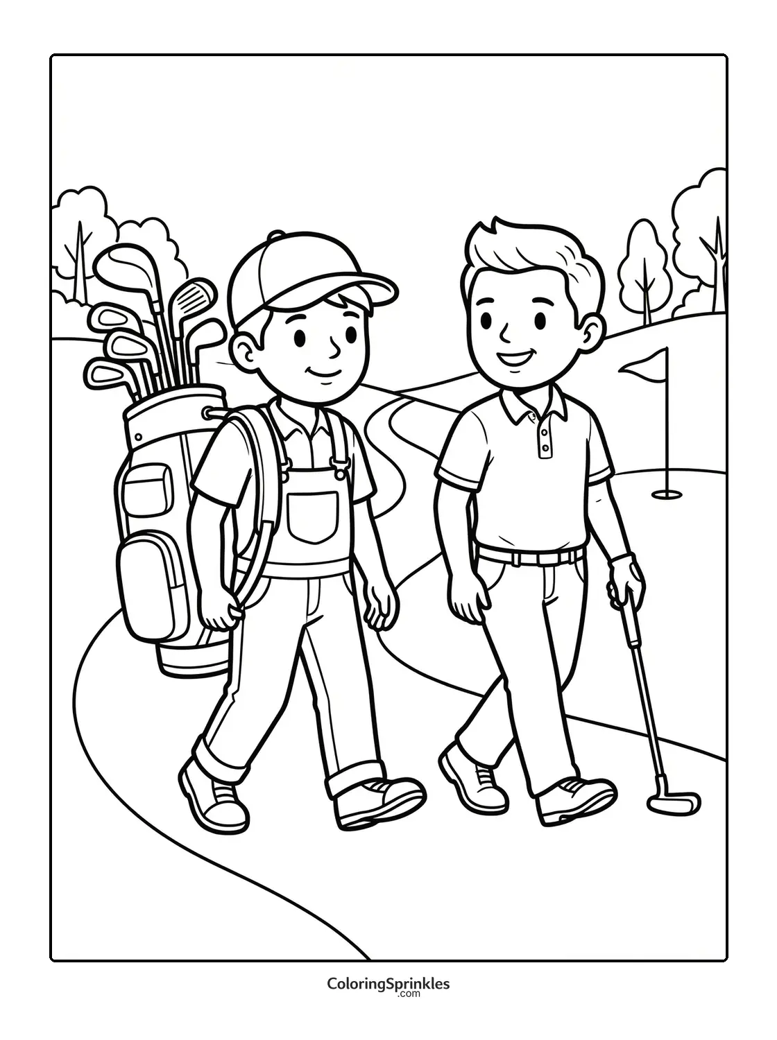 Coloring page of two boys golfing and walking on a golf course