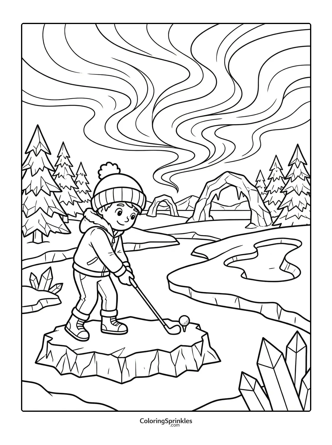 Coloring page of a child playing golf on a winter landscape with crystals