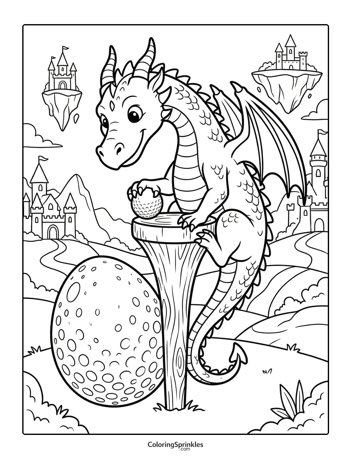 Coloring page of a dragon holding a golf ball on a tee with fantasy castles