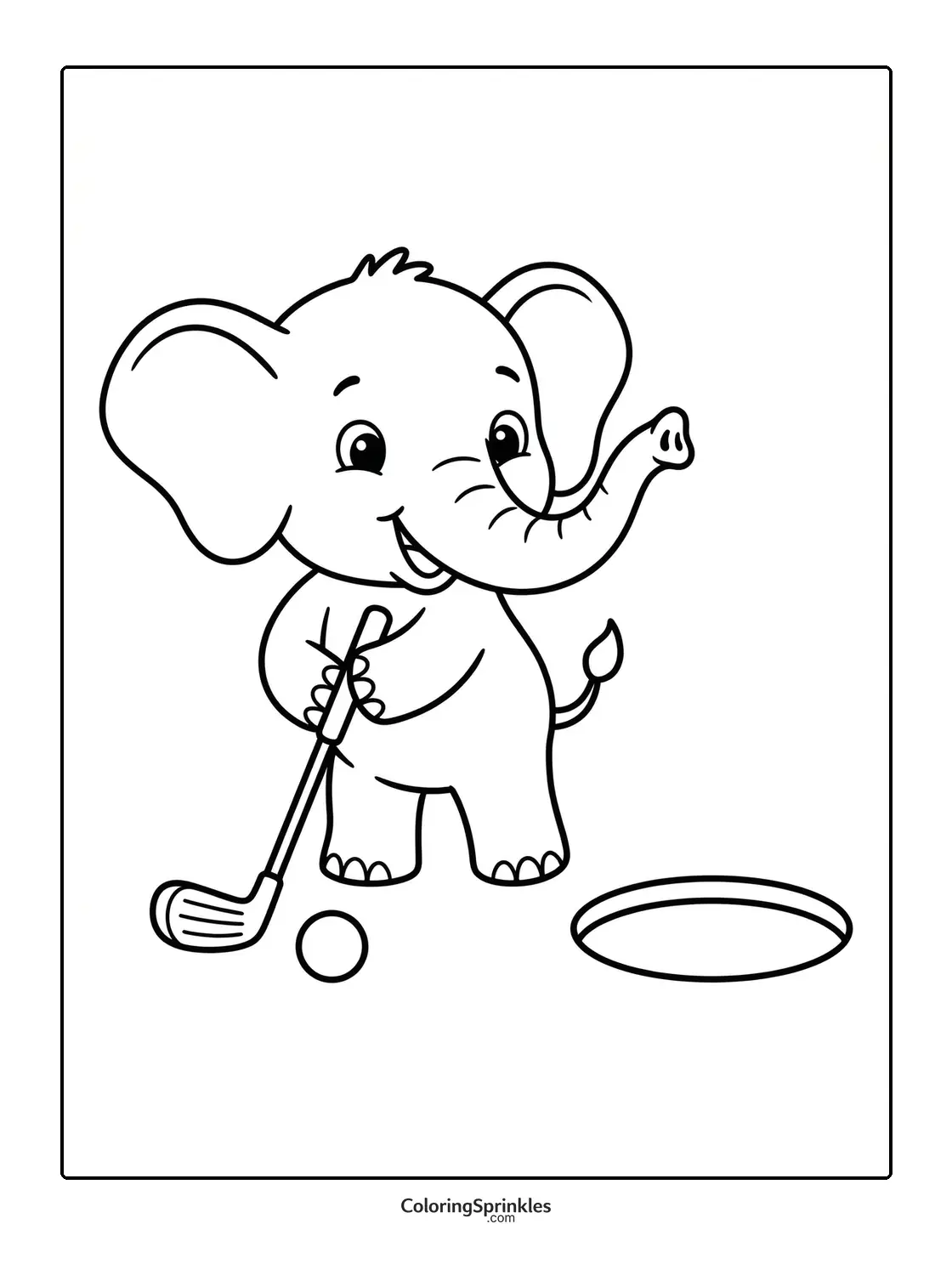 Coloring page of an elephant playing golf near a hole