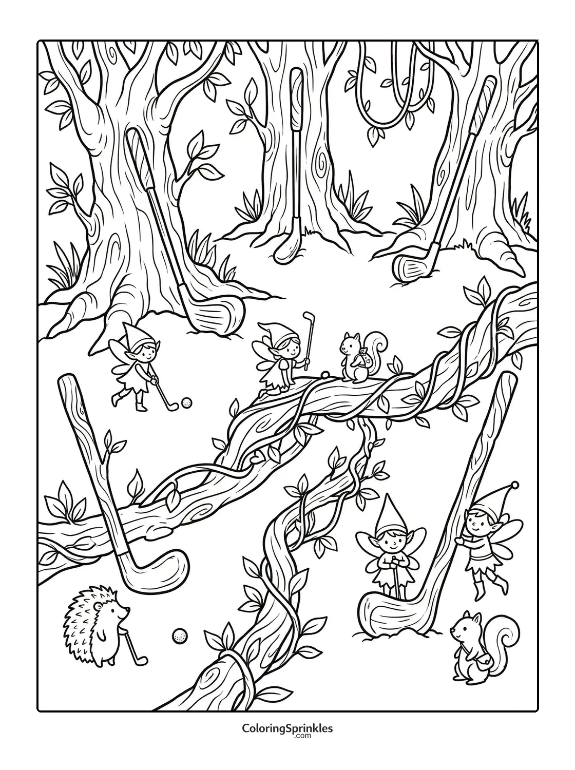 Coloring page of elves playing golf in a forest with animals and trees