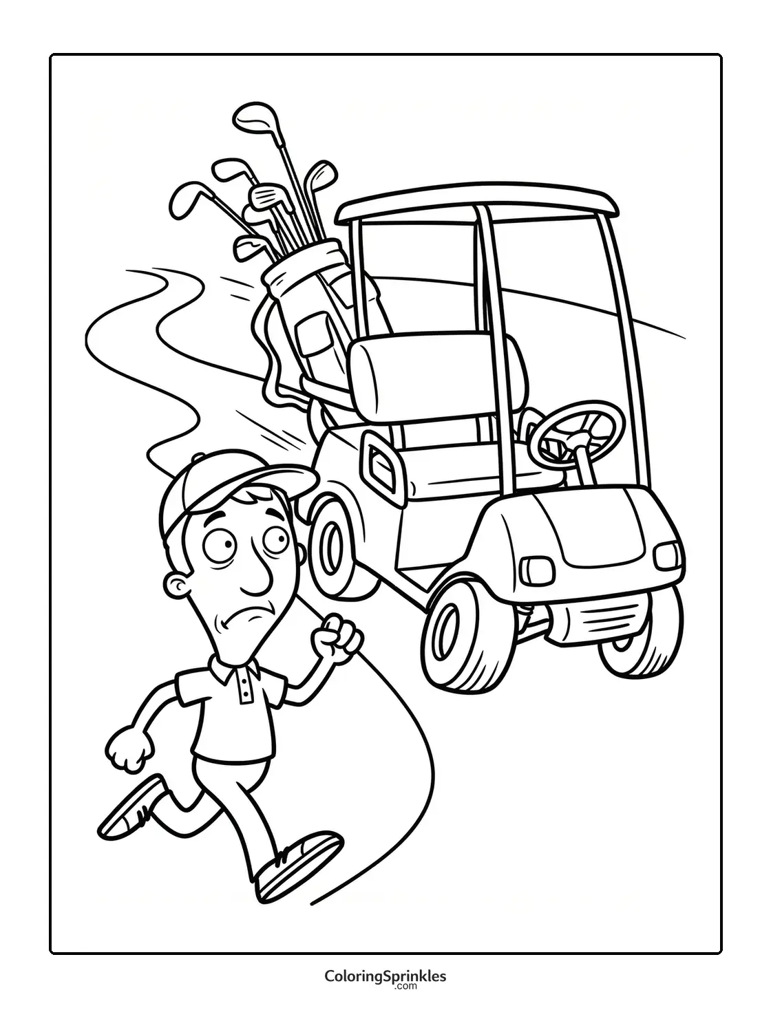 Coloring page of a golfer running beside a golf cart