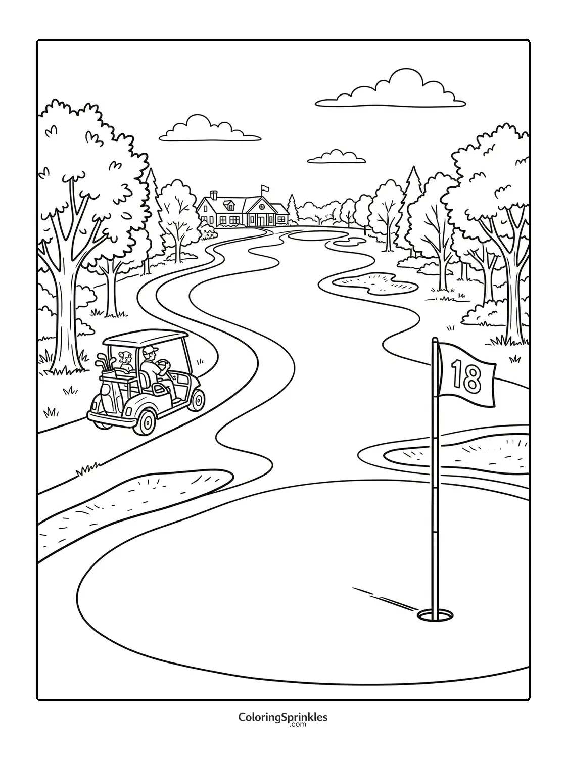 Coloring page of a golf cart with players on a golf course near the 18th hole