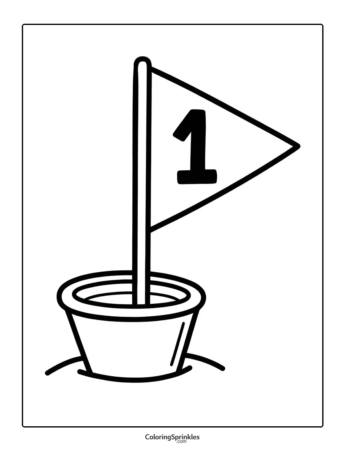 Coloring page of a golf hole with a flag numbered one