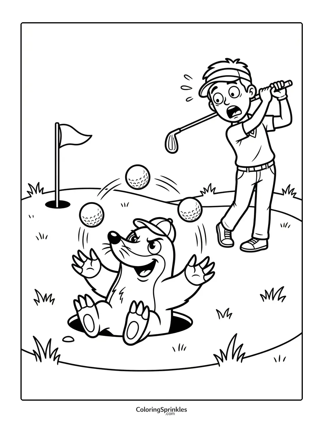Coloring page of a golf player hitting balls near a mole juggling golf balls