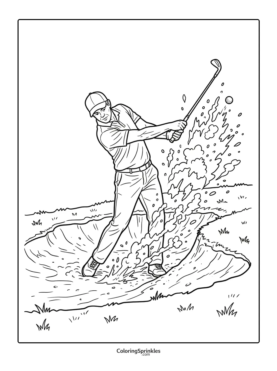 Coloring page of a golfer hitting a ball out of a sand bunker