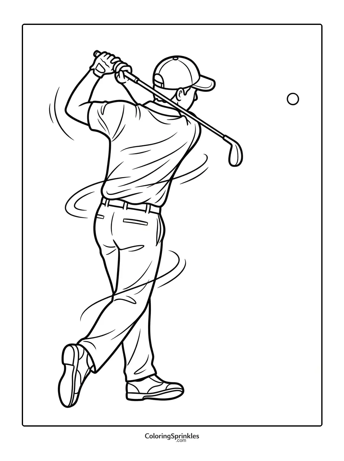 Coloring page of a golfer swinging a golf club at a ball