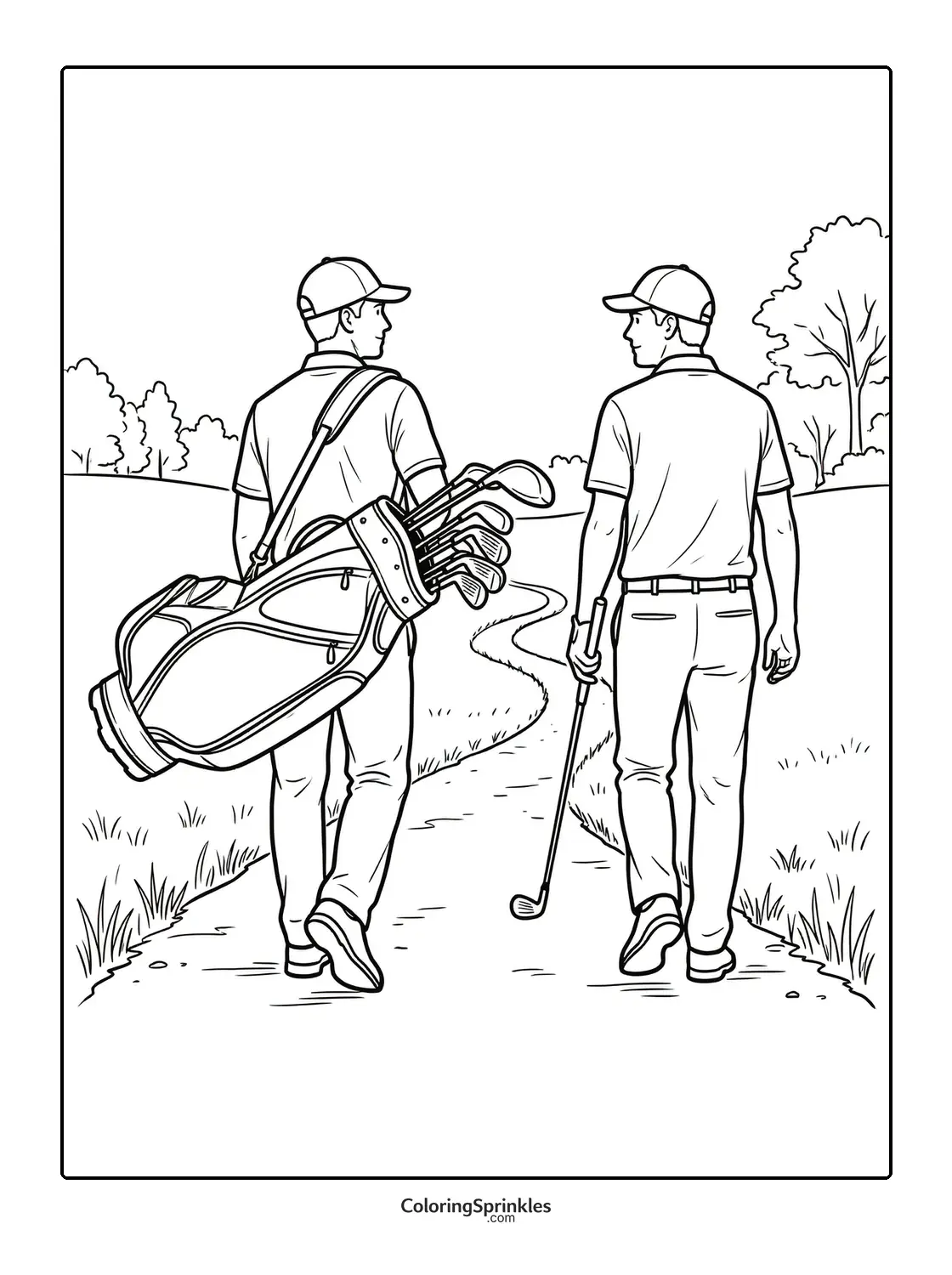Coloring page of two golfers walking on a golf course with a golf bag