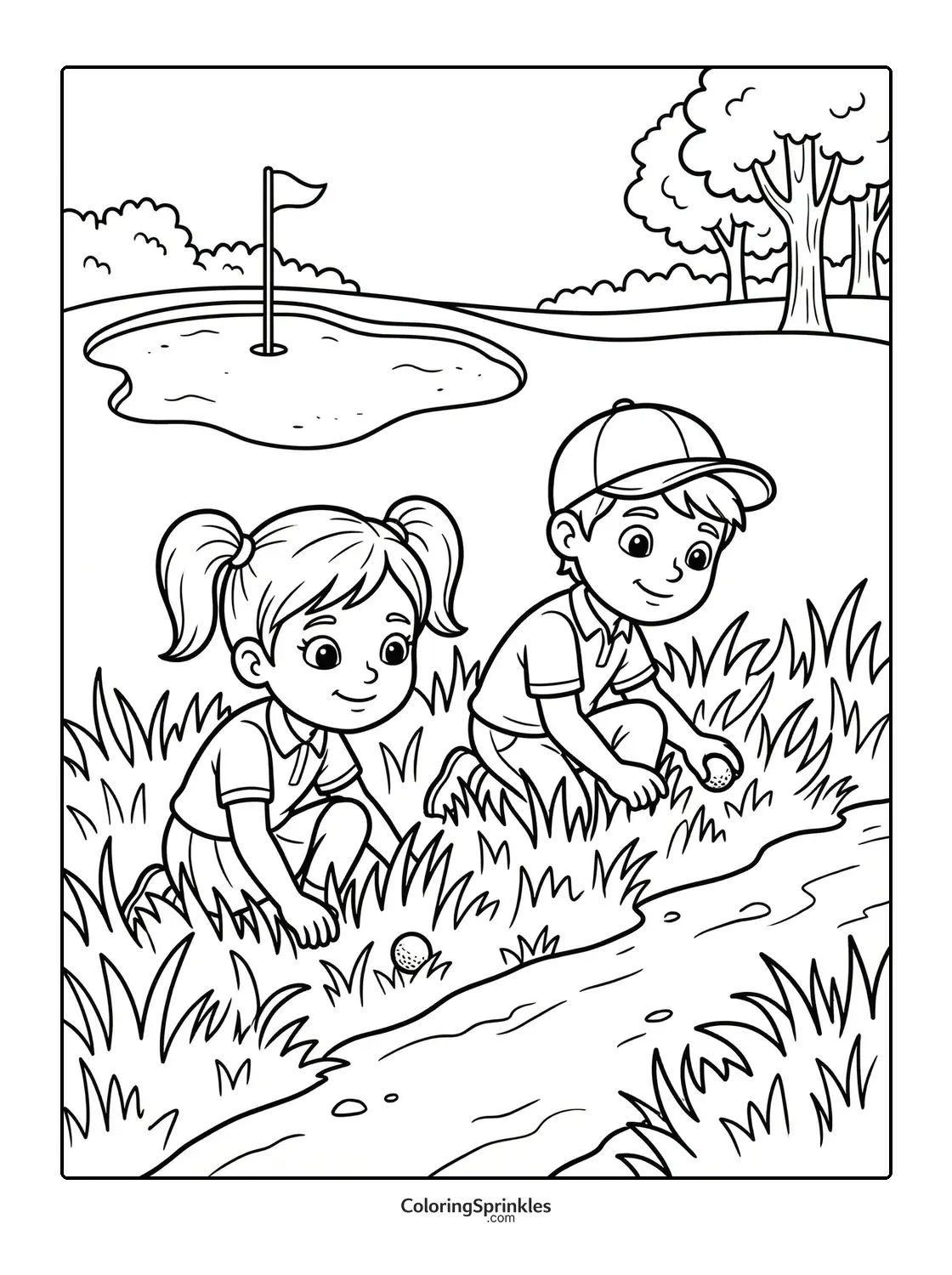 Coloring page of kids retrieving golf balls from grass near a stream