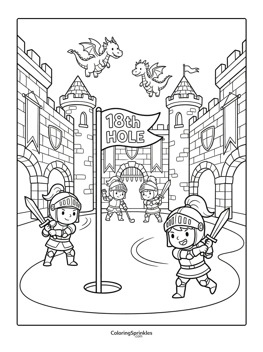 Coloring page of knights playing golf at the 18th hole in a castle with dragons flying above