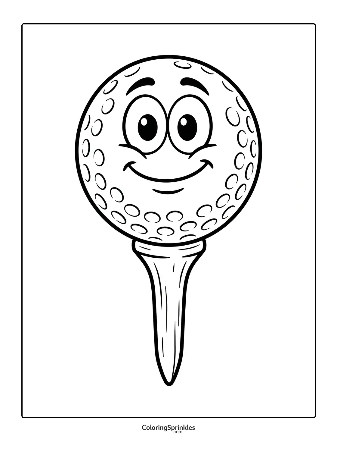 Coloring page of a smiling golf ball on a tee