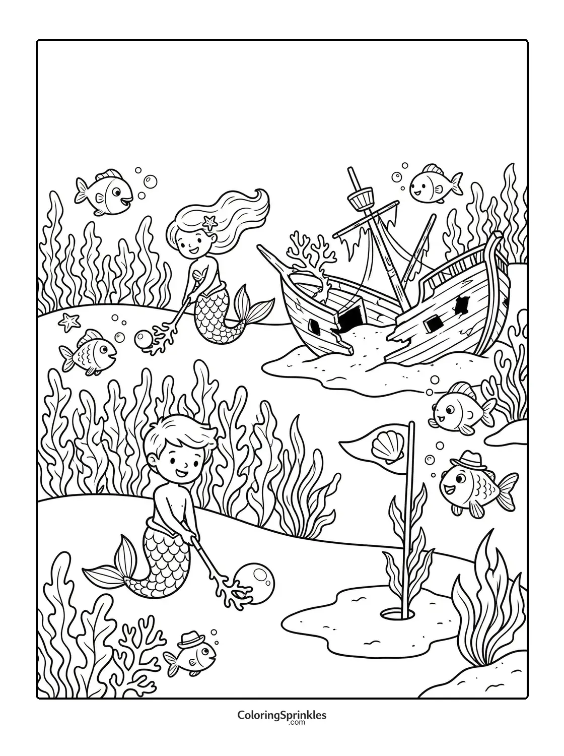 Coloring page of a mermaid and a boy playing golf underwater near a shipwreck