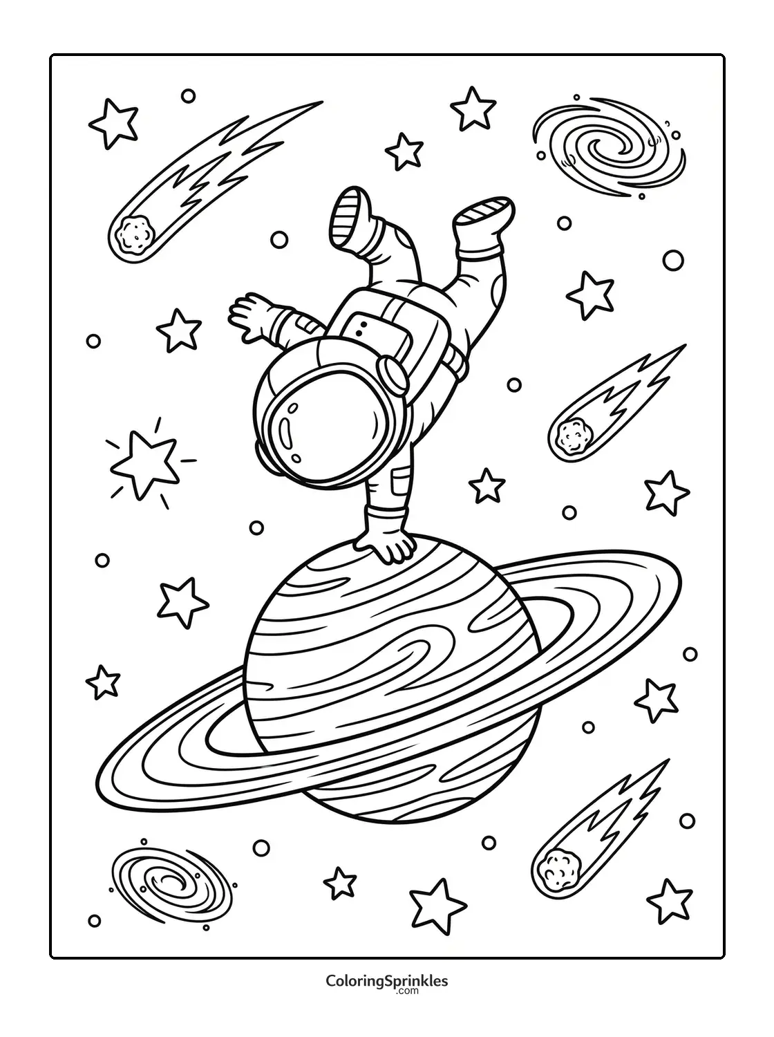 Coloring page of an astronaut doing a handstand on a ringed planet in space