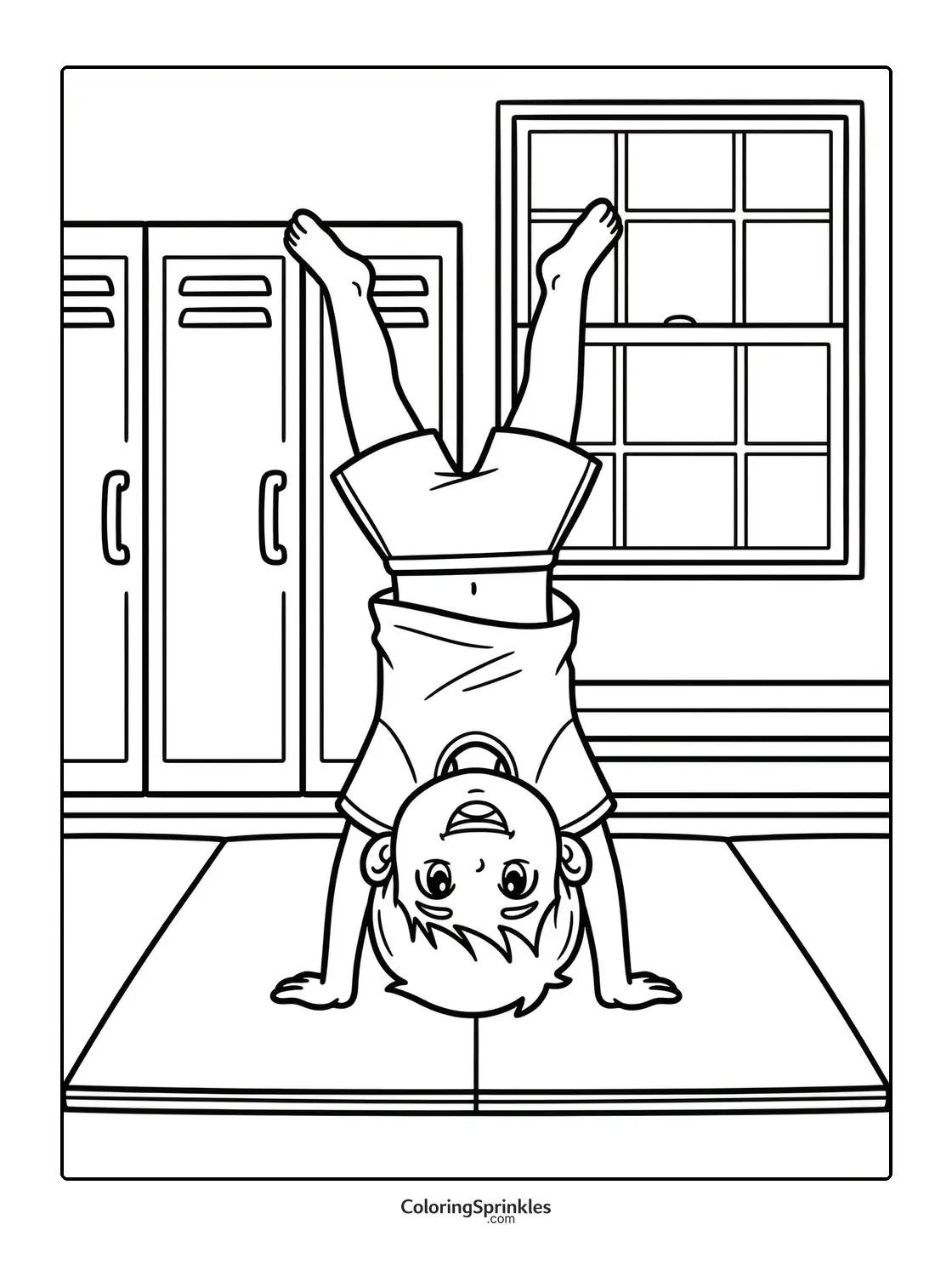 Coloring page of a boy doing a handstand on a gymnastics mat indoors
