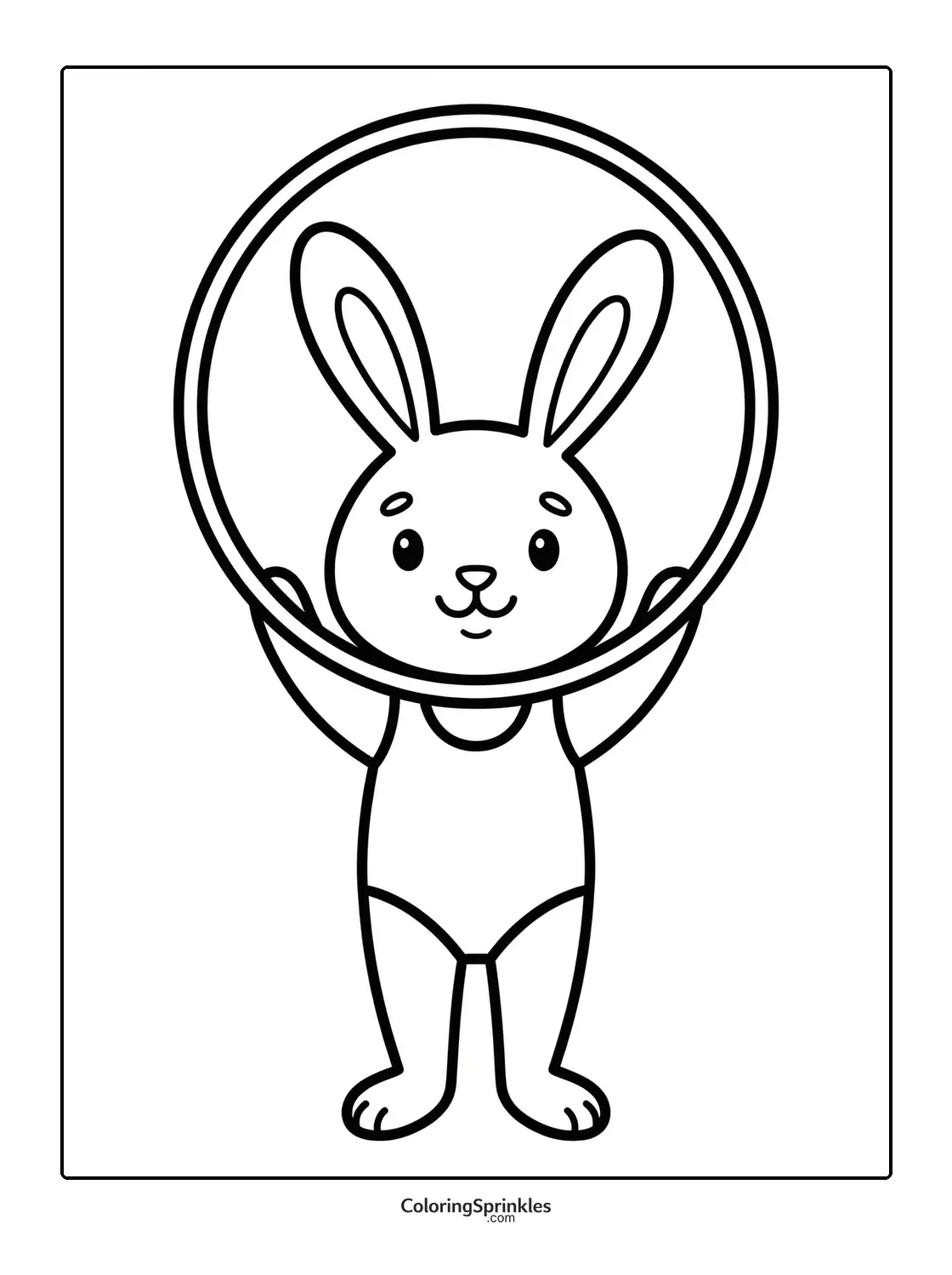 Coloring page of a bunny doing gymnastics with a hula hoop
