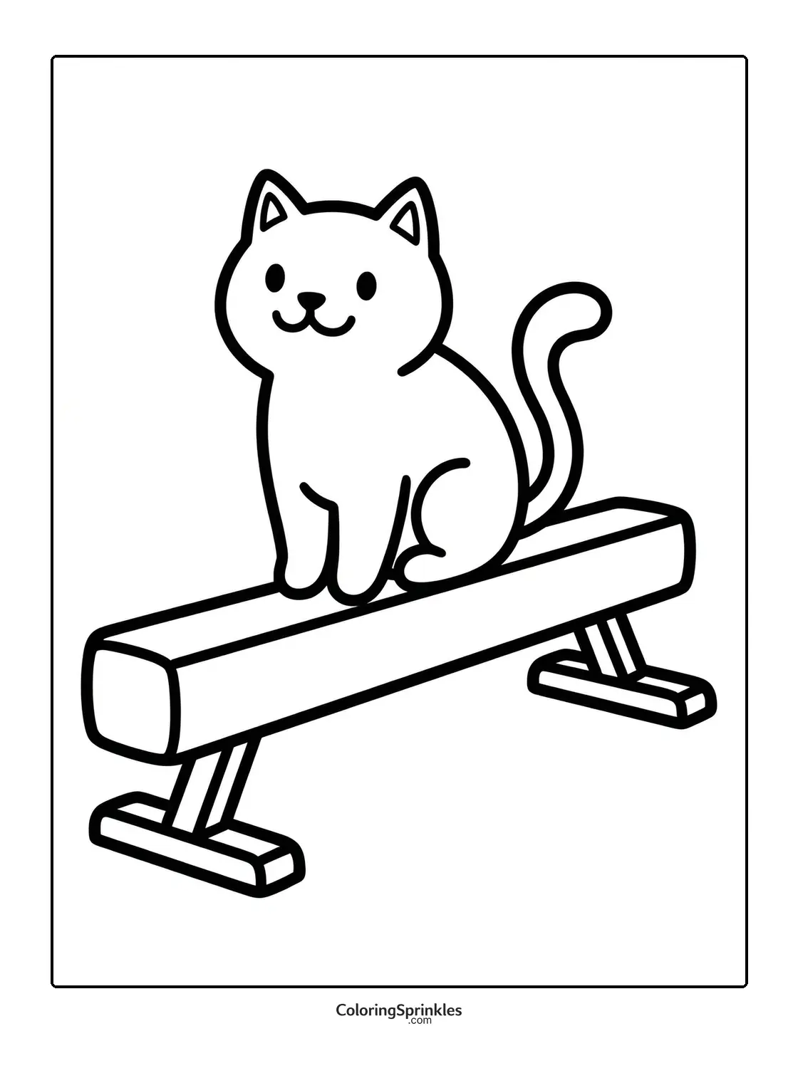 Coloring page of a cat sitting on a gymnastics balance beam