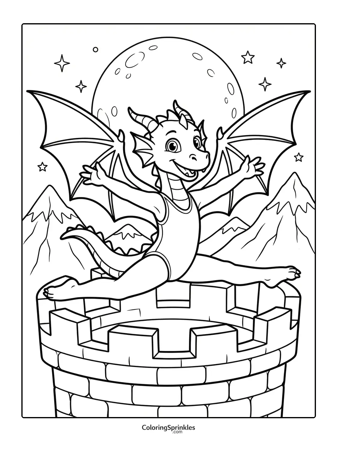 Coloring page of a dragon doing a split on a castle tower with a moon and mountains