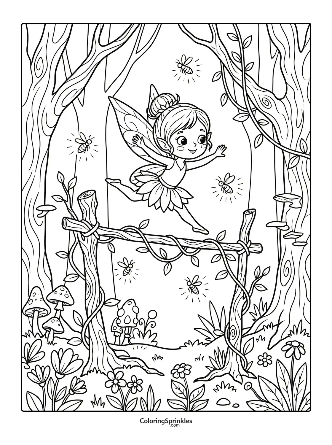 Coloring page of a fairy gymnast leaping over a wooden bar in a forest