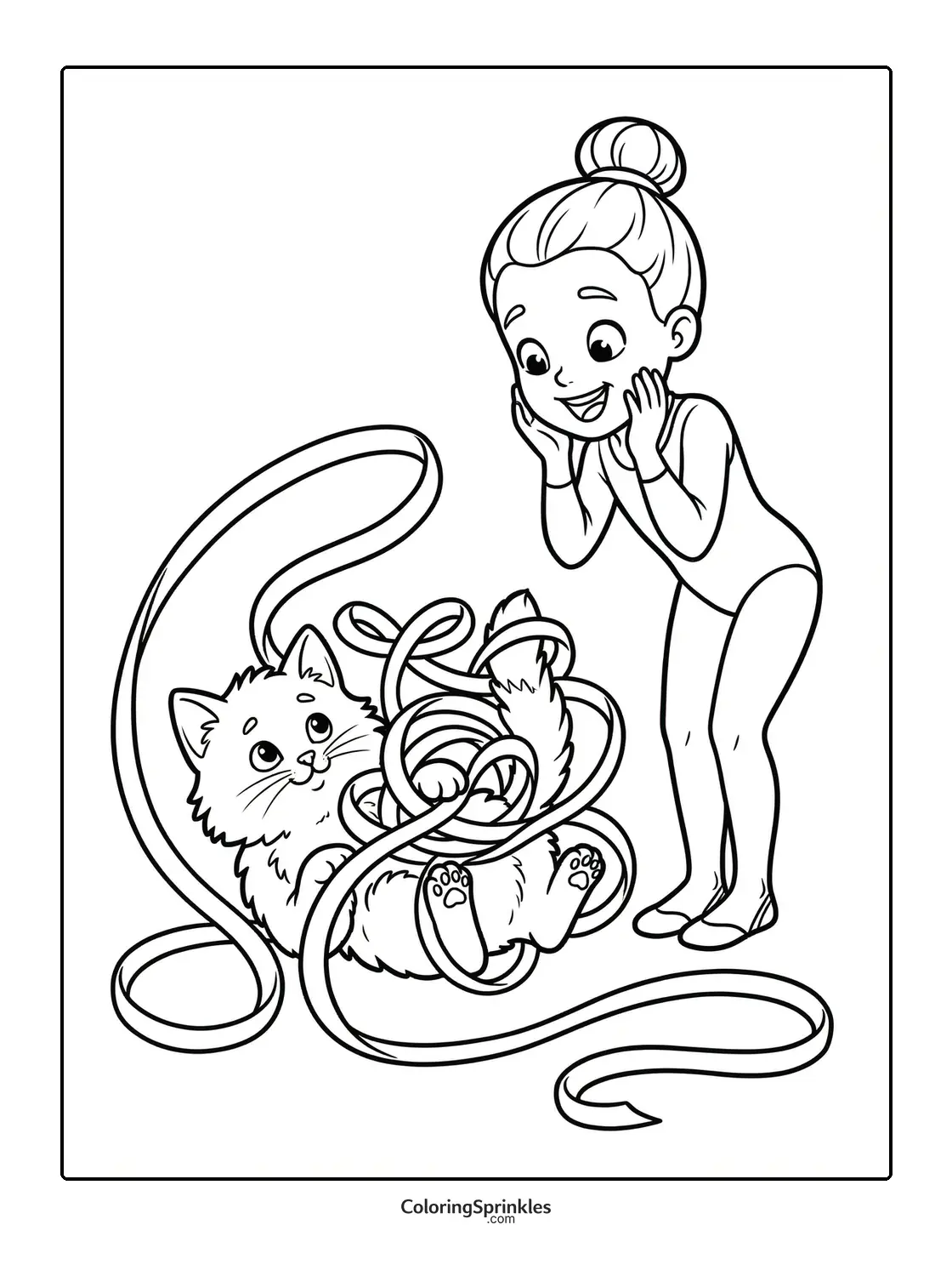 Coloring page of a girl gymnast playing with a cat and a ribbon