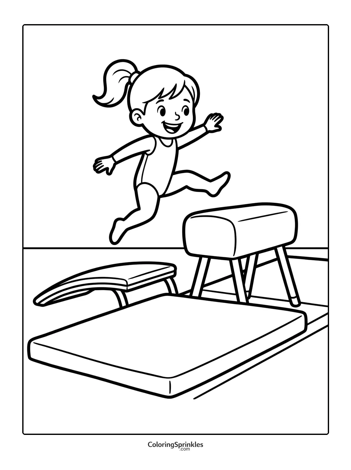 Coloring page of a girl jumping over gymnastics equipment