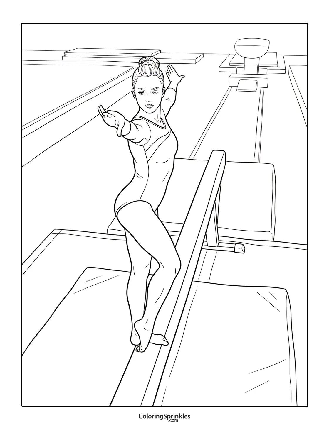Coloring page of a gymnast balancing on a beam in a gym