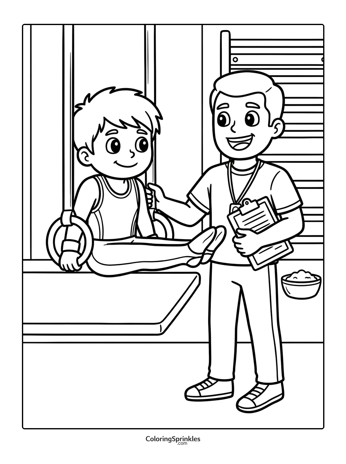 Coloring page of a gymnast boy on rings with coach in gym