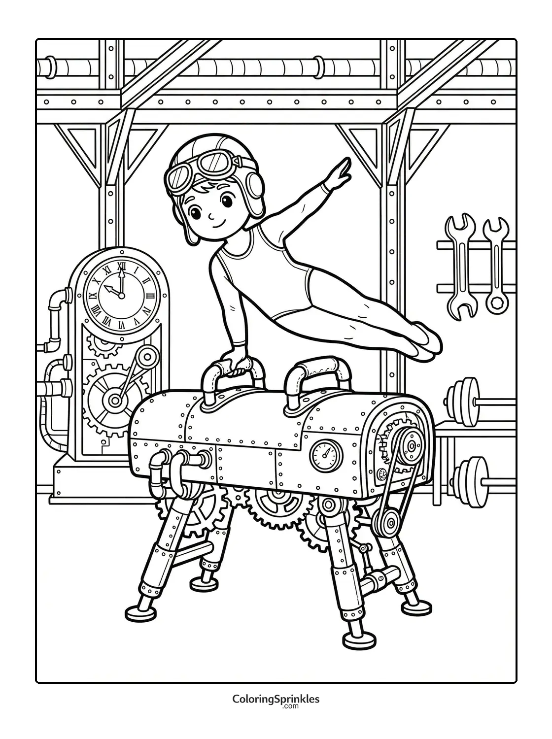 Coloring page of a gymnast boy performing on a steampunk pommel horse