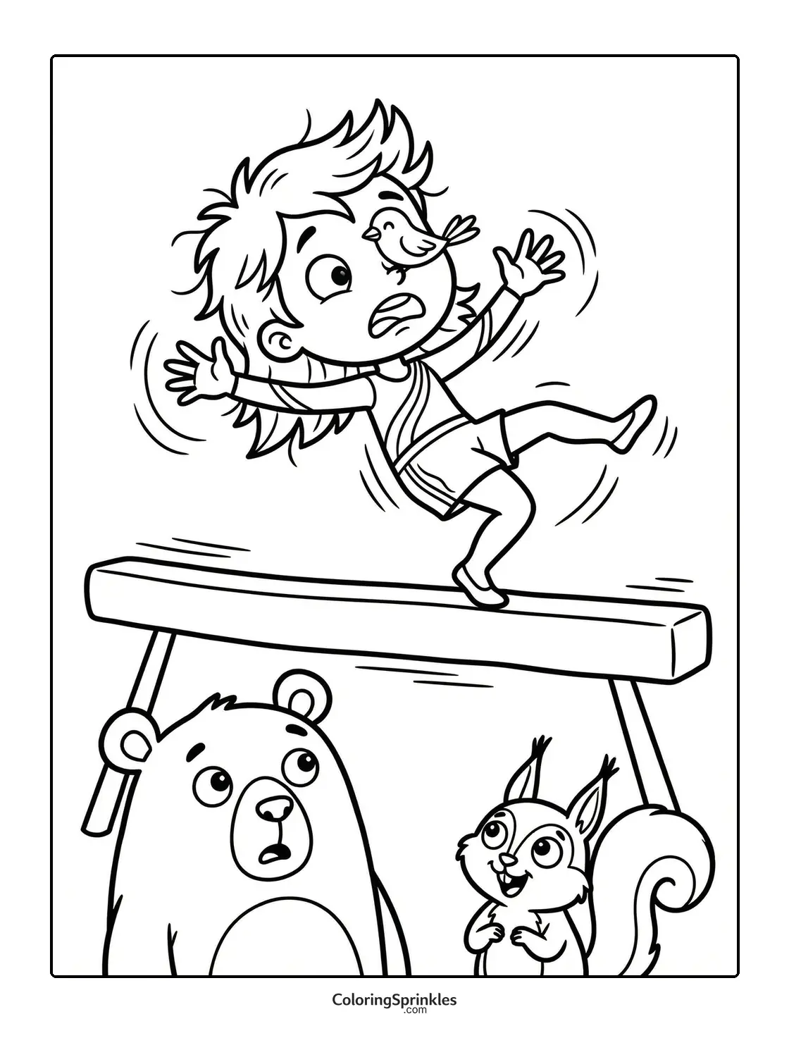 Coloring page of a gymnast falling off a balance beam with a bear and squirrel watching