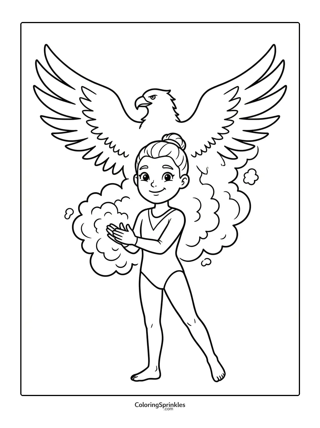 Coloring page of a gymnast girl clapping with an eagle and chalk dust