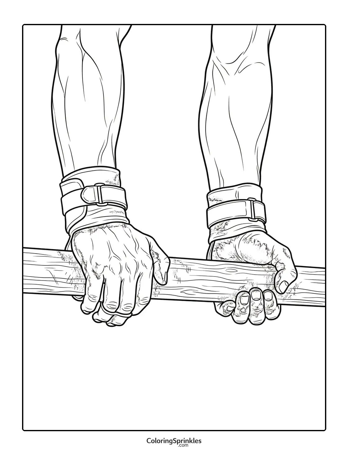 Coloring page of a gymnast's hands gripping parallel bars