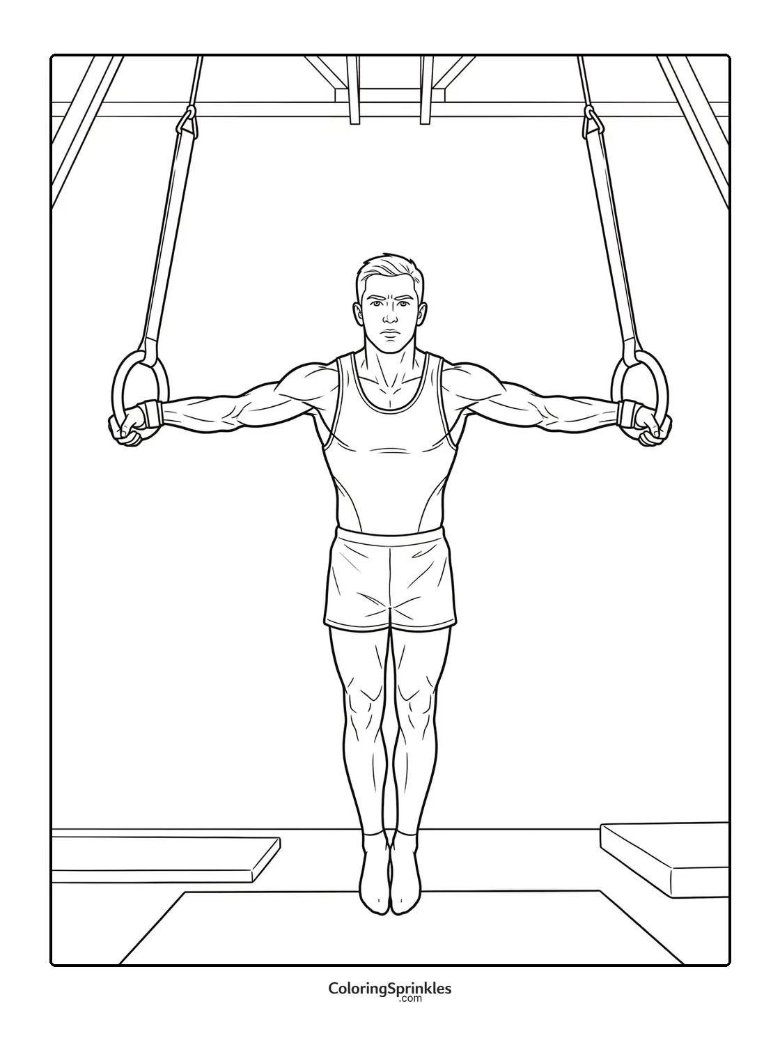 Coloring page of a male gymnast performing on rings