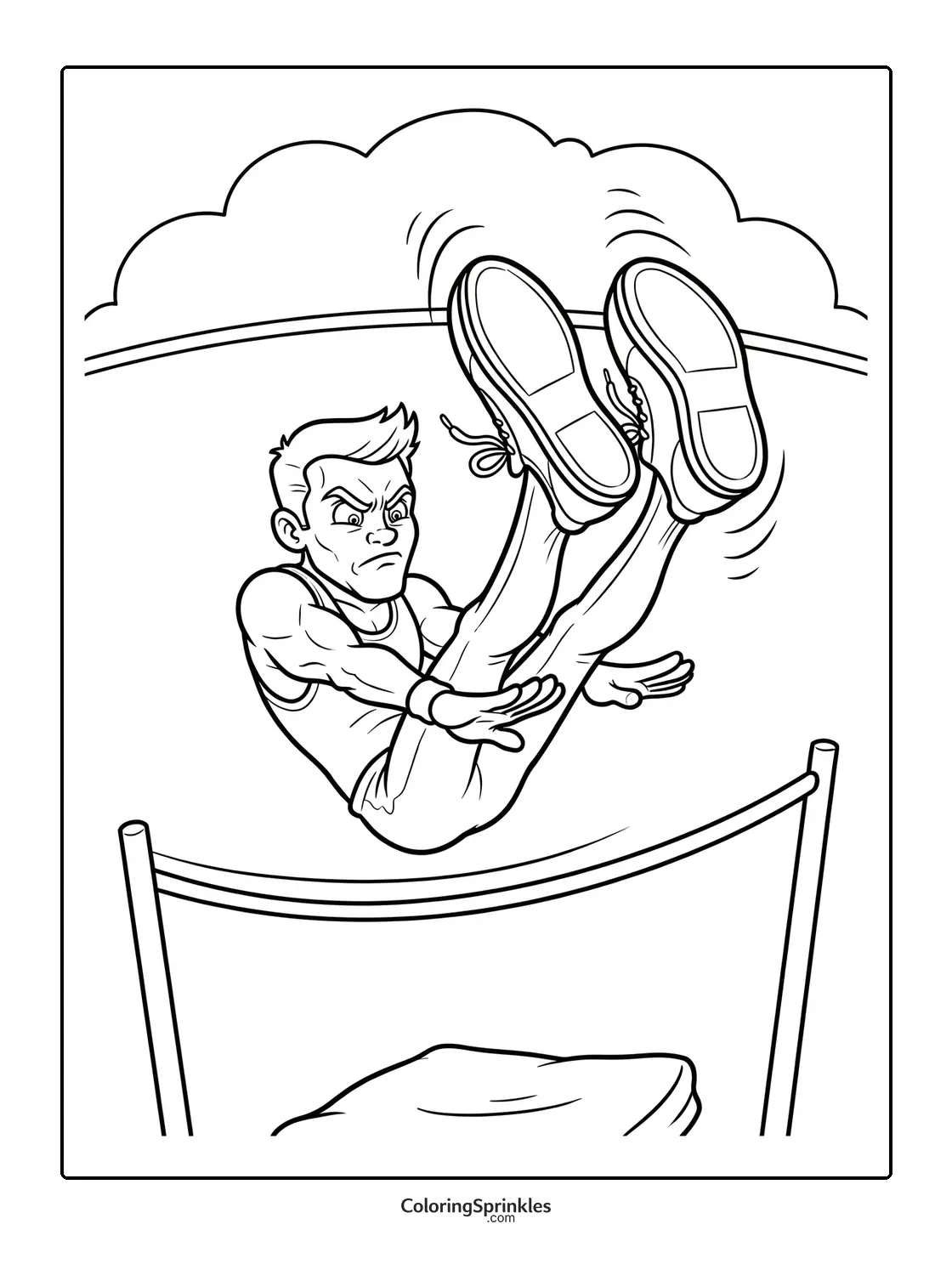 Coloring page of a gymnast man performing a high jump over a bar outdoors