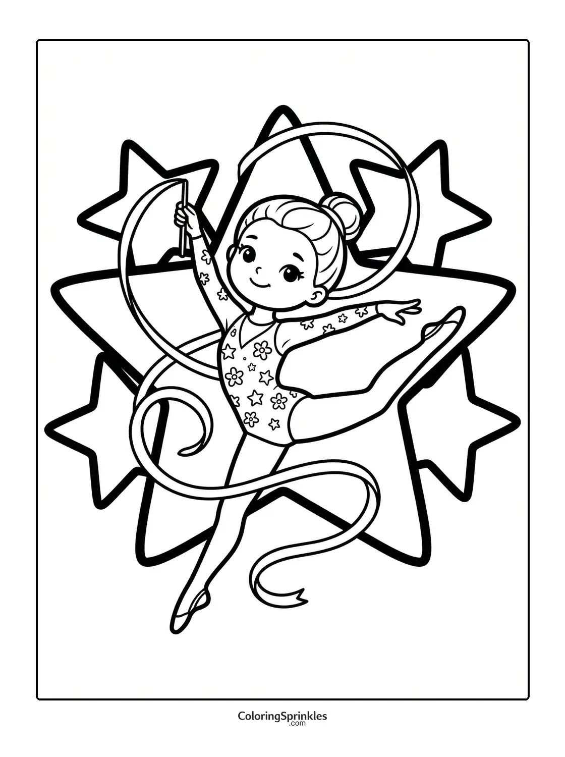 Coloring page of a gymnast dancing with a ribbon in front of stars