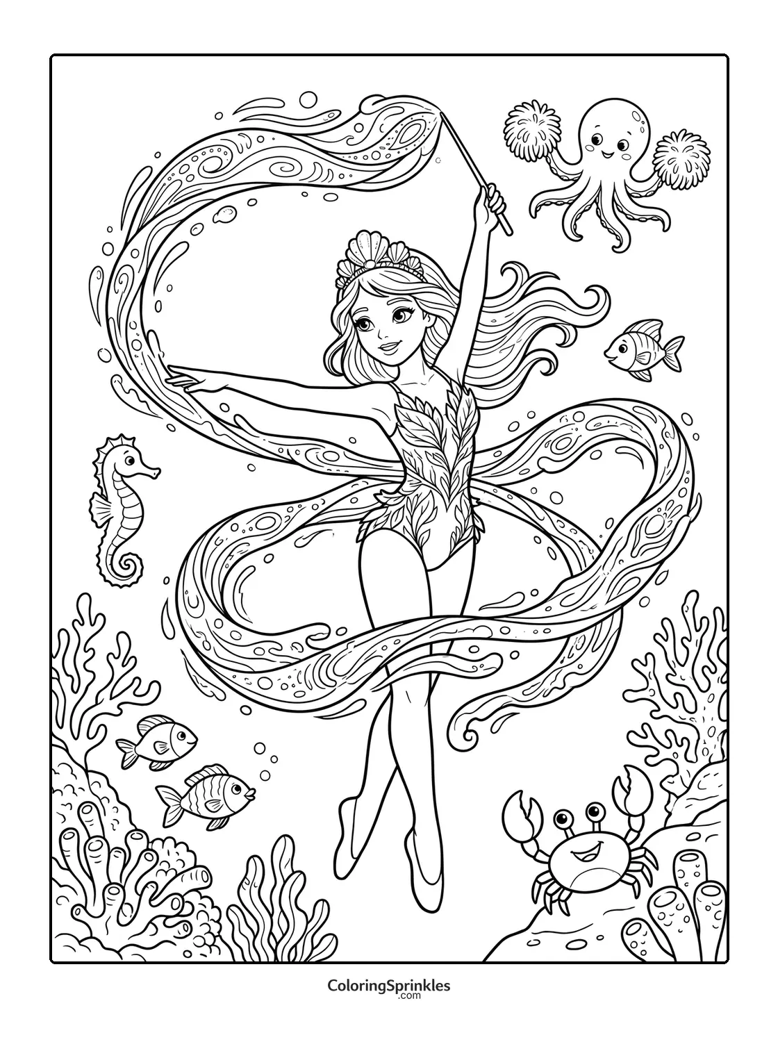 Coloring page of a gymnast performing underwater with a ribbon and sea animals
