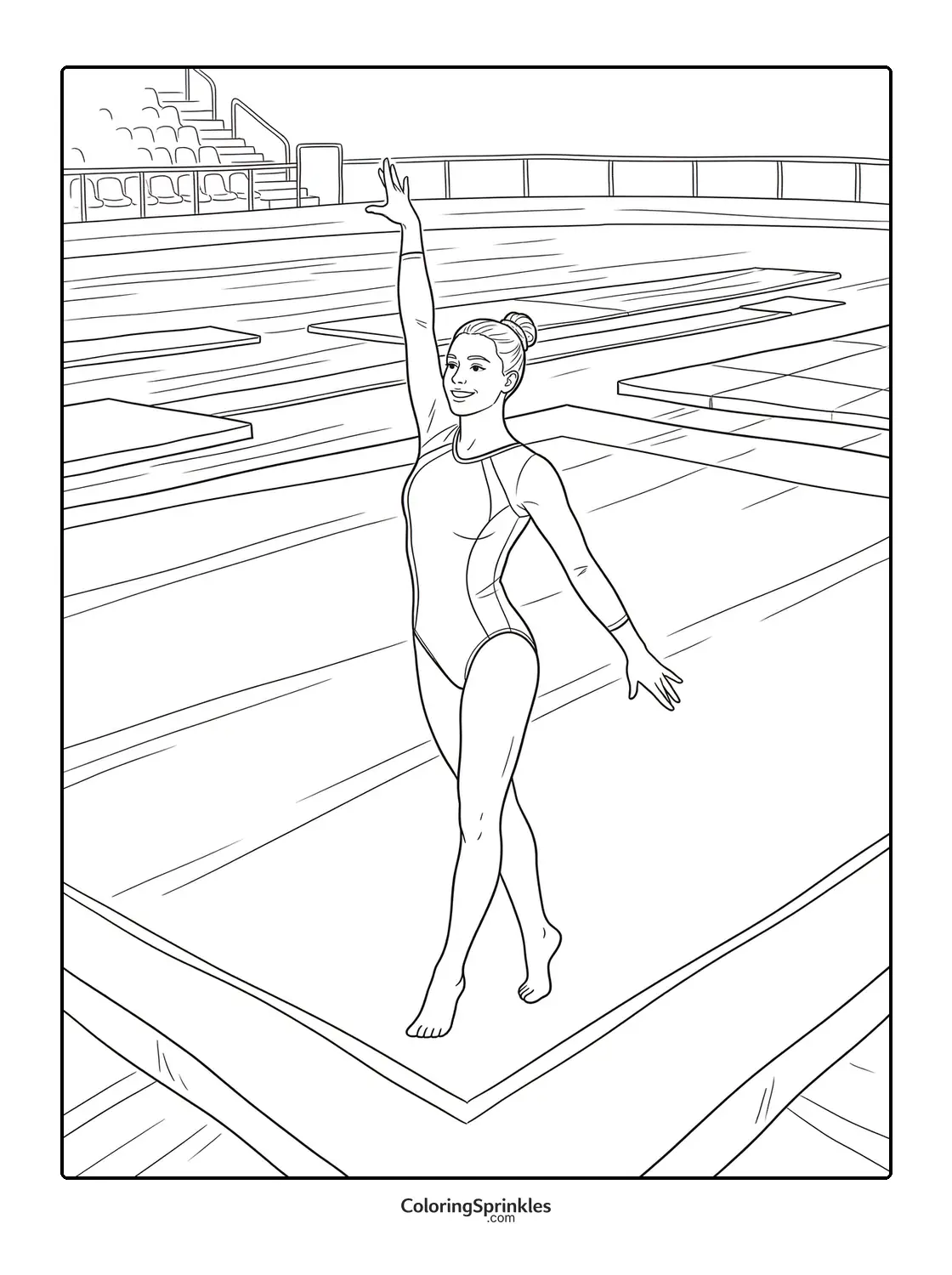 Coloring page of a female gymnast performing a floor exercise in an arena