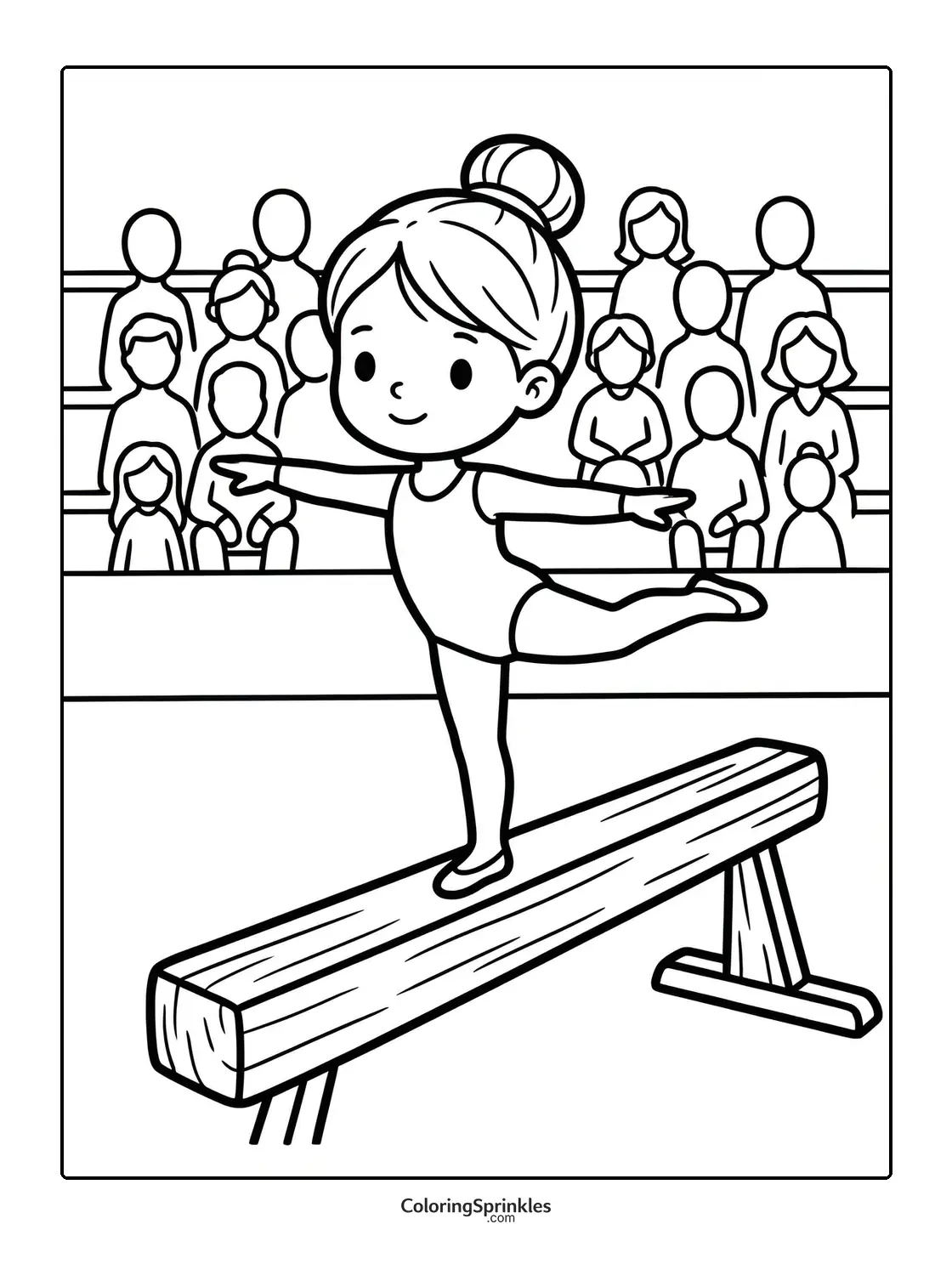 Coloring page of a girl balancing on a gymnastics beam with an audience