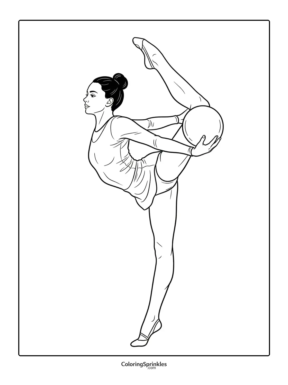 Coloring page of a girl performing a gymnastics pose with a ball