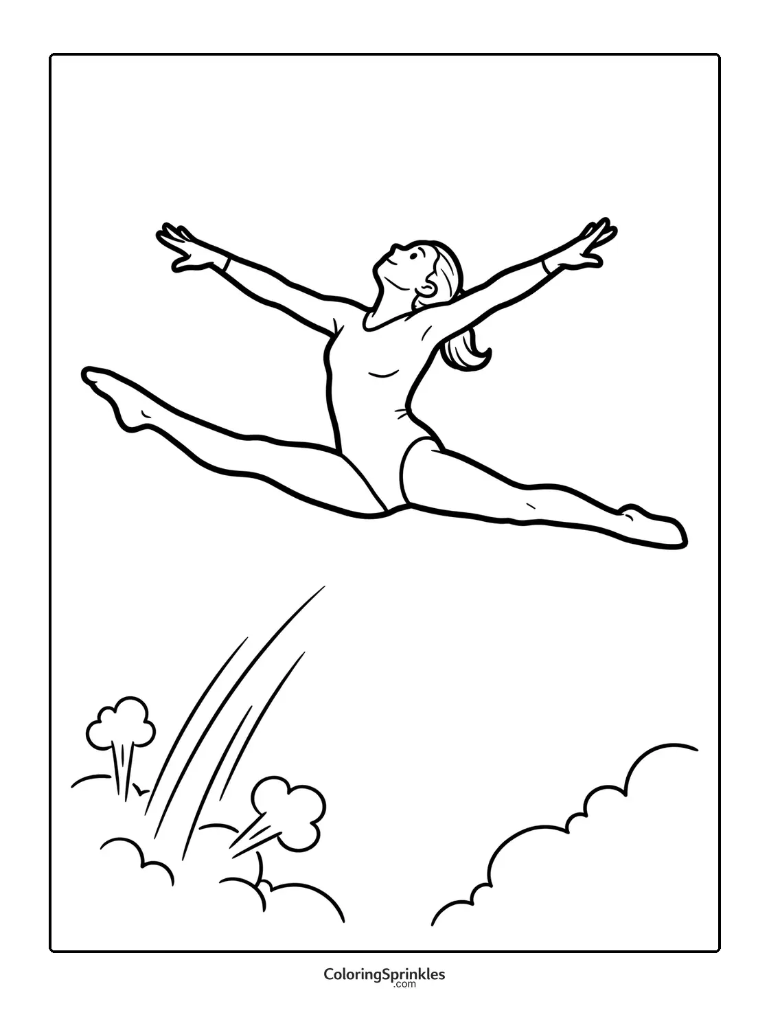 Coloring page of a girl performing a leap jump over clouds