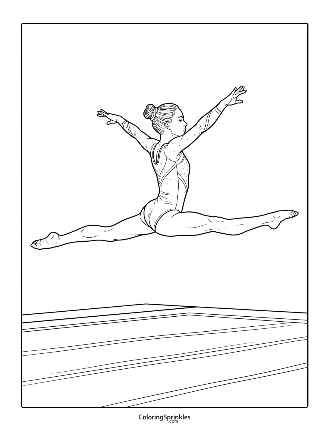 Coloring page of a girl performing a split leap in gymnastics on a floor mat