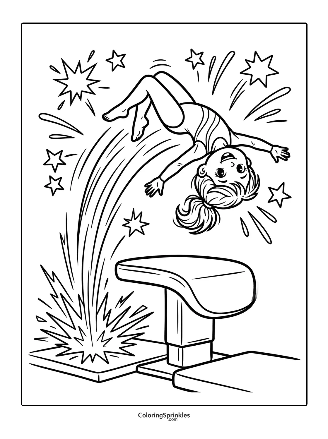 Coloring page of a girl happily vaulting over a gymnastics horse
