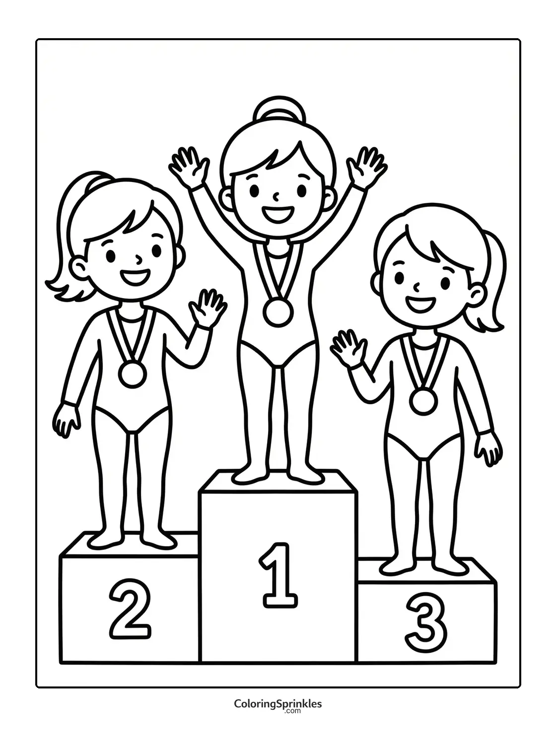 Coloring page of girls with medals standing on a gymnastics podium