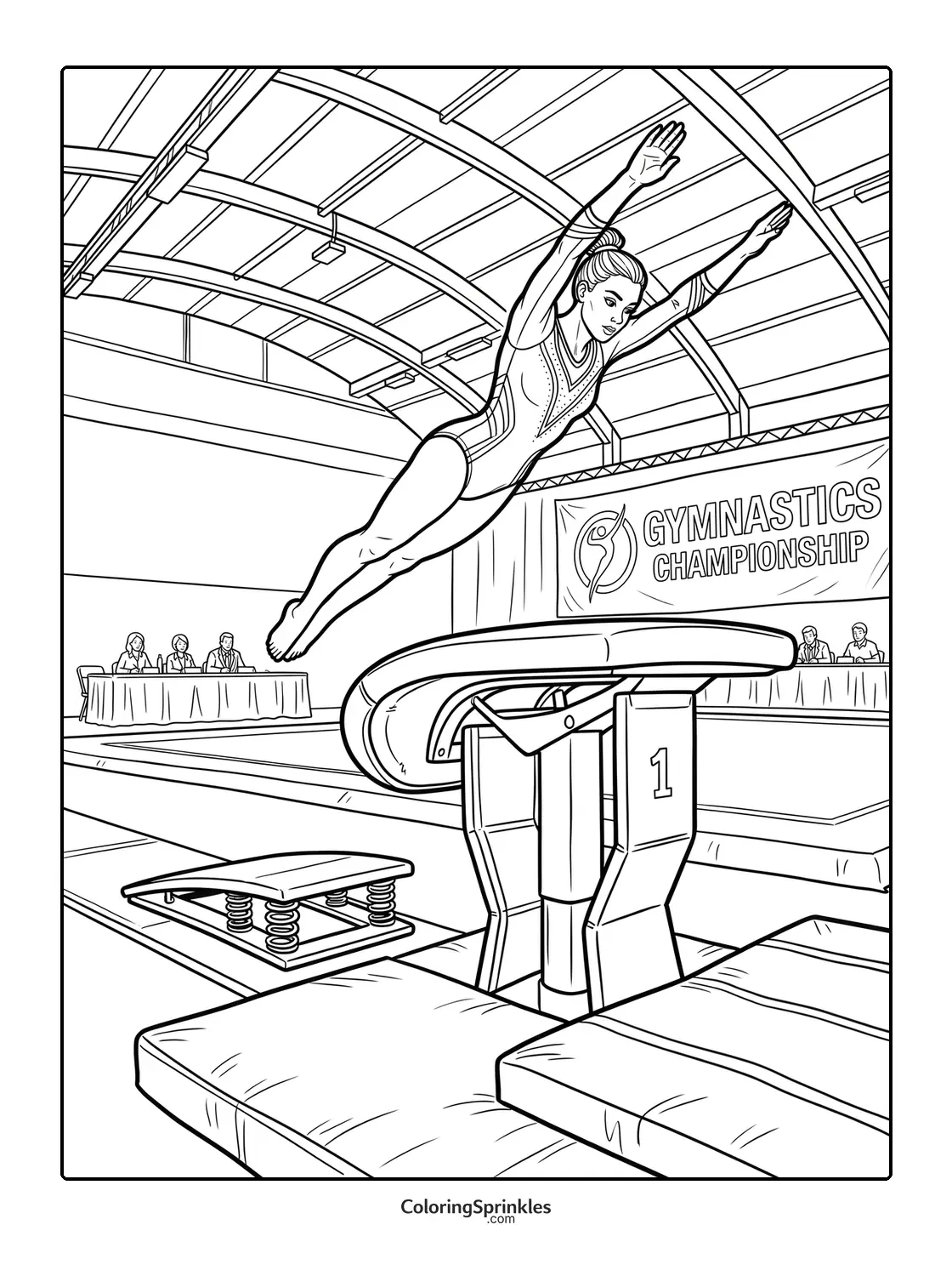 Coloring page of a woman gymnast performing a vault in a competition
